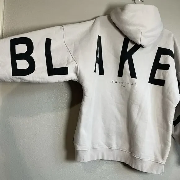 Blakely Oversized Hoodie Size Large Cream Unisex Back Graphic Logo Soft Solid - Picture 7 of 9